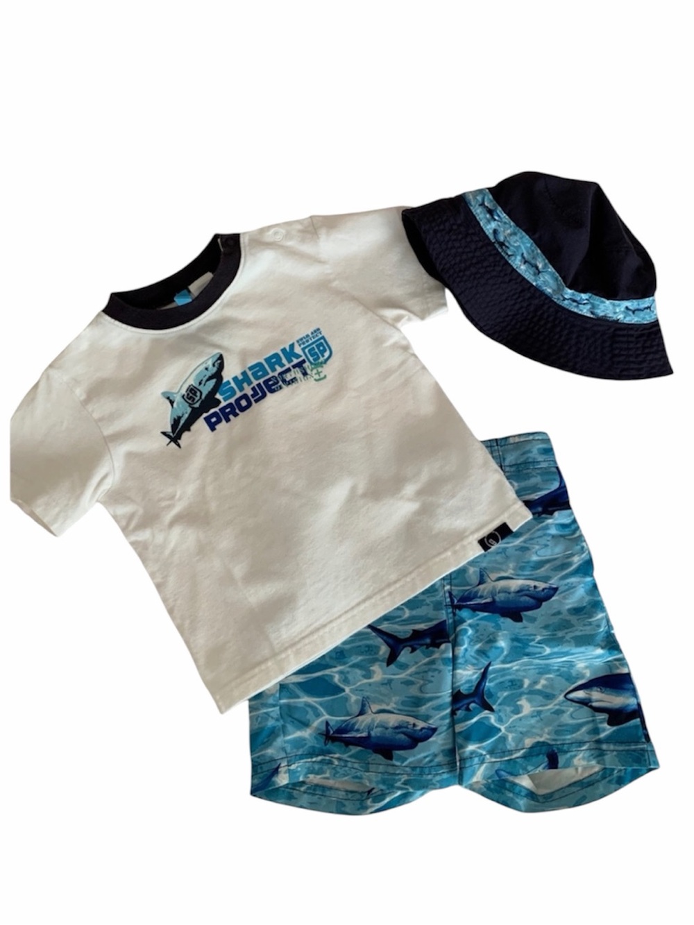 Gymboree 3 PC Swimsuit Set Baby Boys Size 18-24M Blue Trunks Shirt Hat Shark